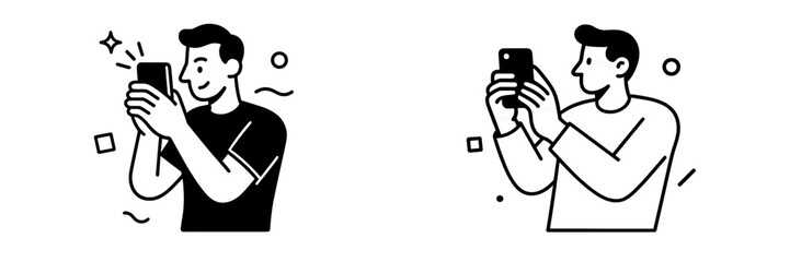 Minimalist black and white icon set of a man holding a smartphone and taking a picture for mobile photography and social media concepts