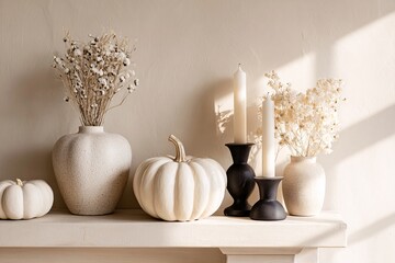 Neutral minimalist shelf styling for Halloween. White pumpkins, black candles, modern farmhouse decor.