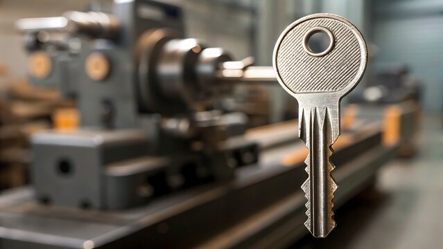 Silver key rests in front of a blurred metal lathe. Ideal for locksmith services or industrialthemed designs, machinist concepts.
