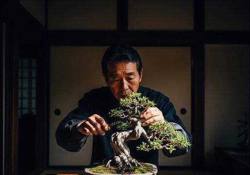 Japanese man carefully pruning a traditional bonsai tree at home. - Powered by Adobe