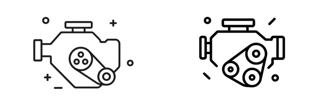 Car engine line icon set for automotive service and repair with motor block, belt, and pulley system graphic