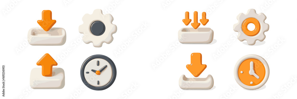 Poster modern 3d user interface icon collection featuring download, upload, settings gear, and time clock s