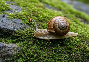 Majestic snail slowly gliding on a vibrant carpet of emerald moss