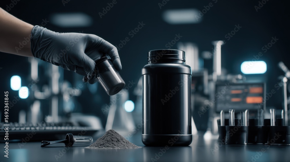 Poster medium shot of a technician carefully blending industrial powders in a lab main object sharp with ba