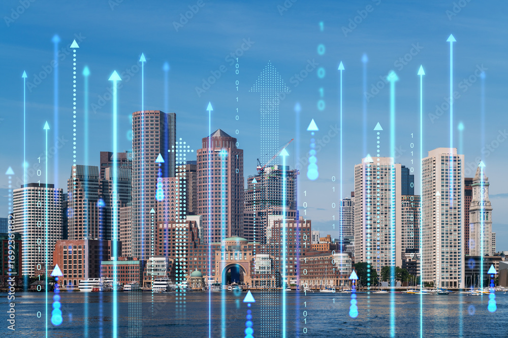 Poster boston skyline with futuristic hologram arrows and binary code, against a blue sky. digital and urba