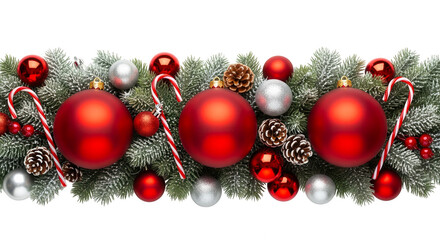 Festive christmas garland with red baubles pine cones and candy canes isolated on transparent background
