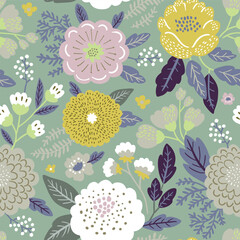 Seamless botanical pattern with abstract flowers and plants in boho style on turquoise background. Flat vector illustration.
