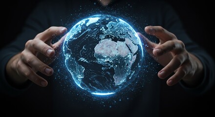 Futuristic holographic globe with data streams and digital connections, hands holding virtual earth, blue glowing effects, technology innovation concept, global connectivity visualization