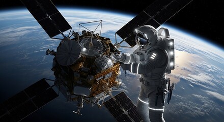 Astronaut Repairing Satellite in Orbit Above Earth, Space Exploration.