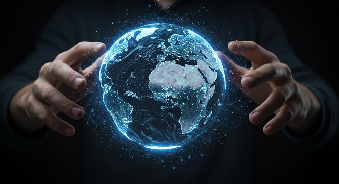Futuristic holographic globe with data streams and digital connections, hands holding virtual earth, blue glowing effects, technology innovation concept, global connectivity visualization
