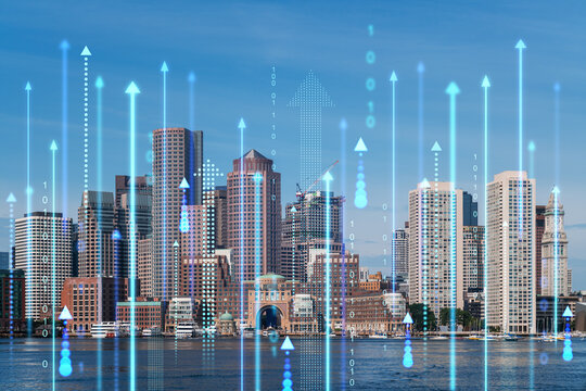 Boston skyline with futuristic hologram arrows and binary code, against a blue sky. Digital and urban concept. Double exposure