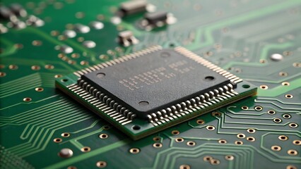 Closeup of integrated circuit on green board for technology, electronics, innovation, engineering, or computerrelated design projects that need a futuristic touch.