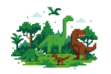 Pixel art scene with various dinosaurs like T-Rex, Brachiosaurus, Triceratops, and Pterosaur in a prehistoric jungle landscape with lush green trees