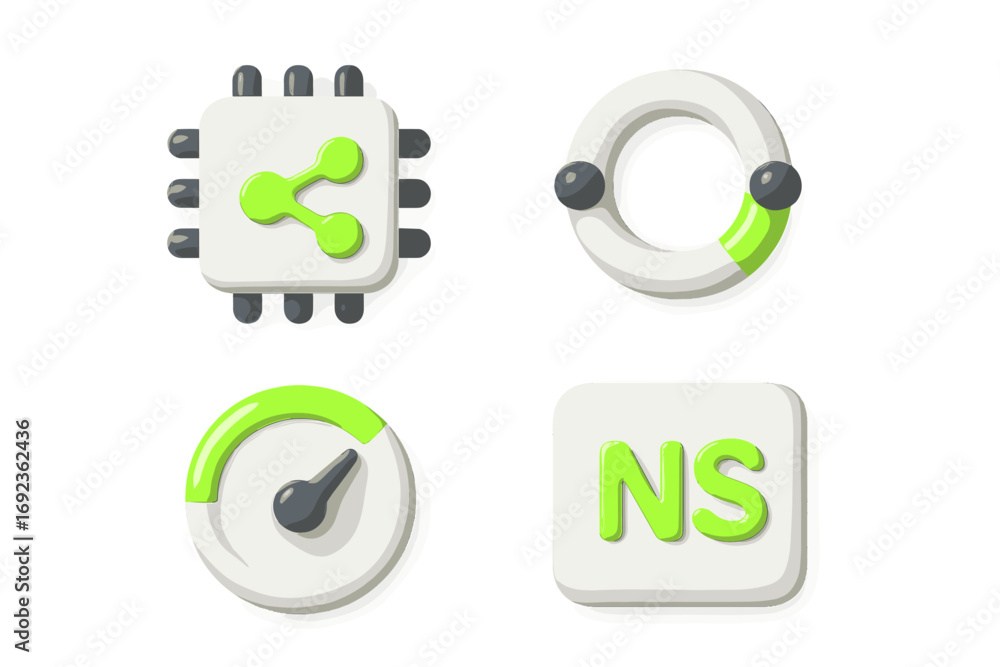 Fototapete 3d technology icon set with processor chip, share symbol, speedometer gauge, and loading progress ba
