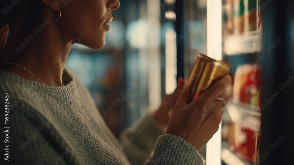 Poster medium shot of a shopper using a digital kiosk featuring a product catalog emphasizing hands selecti