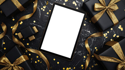 Top view of a stylish and fashionable tablet surrounded by gifts and golden confetti. Tablet mockup. Black Friday sale. The concept of celebration and anticipation