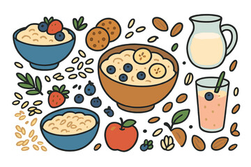 Healthy breakfast food set with oatmeal porridge, fresh berries, banana, apple, almonds, milk, and a smoothie isolated on white