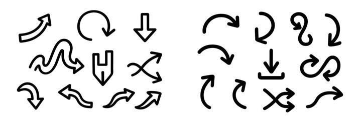 Collection of hand drawn black arrow icons in various doodle styles showing direction, navigation, and movement