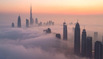 City skyline piercing through morning mist