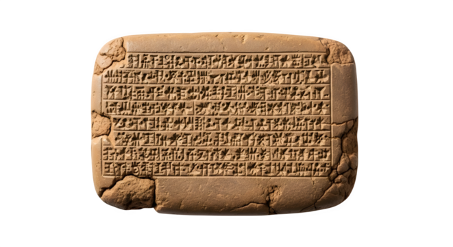 Ancient cuneiform tablet isolated on transparent background, a testament to early writing systems and historical records, showcasing the cultural heritage of mesopotamia