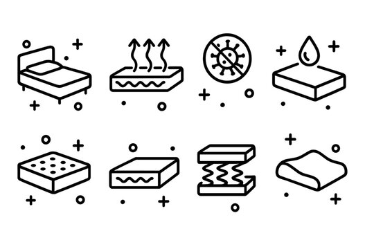 Icon set of mattress and bedding properties showing breathable fabric, waterproof protection, anti-bacterial qualities, memory foam, and spring support