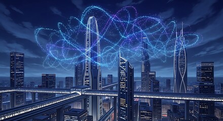 Futuristic Cityscape with Advanced Technology and Energy Network.