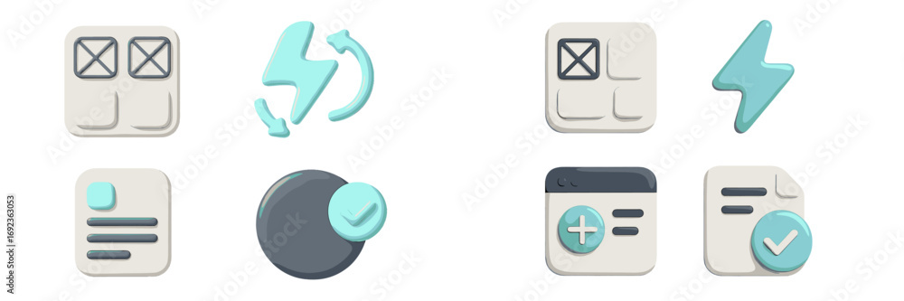 Poster collection of modern 3d user interface icons for web and mobile applications featuring symbols for e