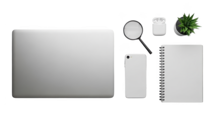 Modern laptop smartphone notebook and desk accessories for productive workspace photography transparent background