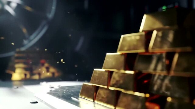 Stacks of gold bars create an atmosphere of wealth and security in a dimly lit environment.