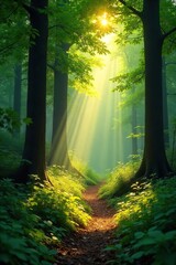 Fototapeta premium Golden sunlight streams through the leaves of a lush green forest, dappling the forest floor in light and shadow A tranquil and peaceful scene of nature's beauty , texture, nature
