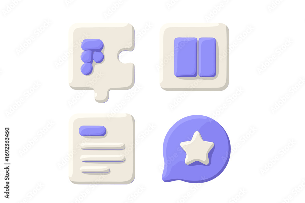Fototapete 3d user interface icon set with plugin, pause, document, and favorite symbols for web and mobile app