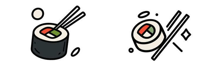 Set of sushi maki roll icons with chopsticks in colored and line art styles for Japanese food concepts