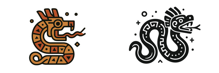 Stylized Aztec serpent icon set representing Quetzalcoatl mythology in a traditional ancient Mayan cultural art style