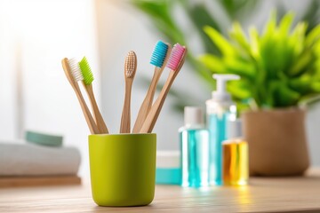 Eco-friendly bamboo toothbrushes in vibrant green cup for sustainable oral care routine