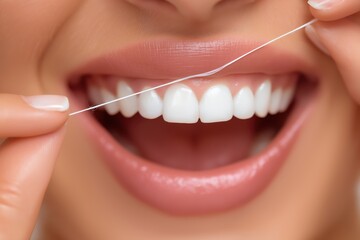 Obraz premium Achieve a dazzling smile with meticulous teeth flossing for optimal oral hygiene and health