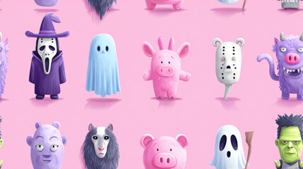 Seamless halloween, Colorful cartoon characters including ghosts and monsters against a pink background.
