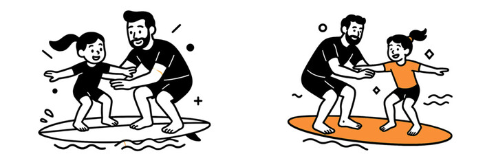 Father teaching his daughter how to surf on a surfboard in the ocean during a summer vacation family activity