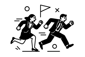 Male and female business professionals in corporate attire racing towards a finish line, a concept of competition and ambition