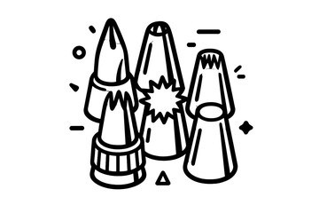 Set of various metal piping tips for cake decorating and icing work, black and white line art icon style graphic