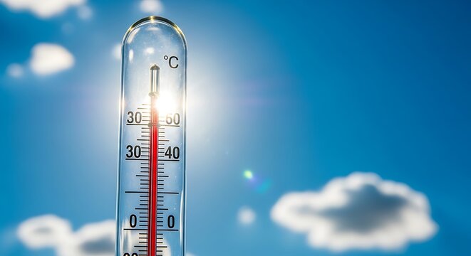 Closeup of a thermometer showing a high temperature on a sunny day with blue sky and white clouds indicating a heat wave or global warming
