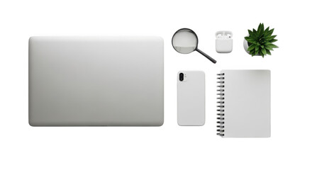 Modern workspace flat lay featuring laptop smartphone notebook magnifying glass and plant transparent background