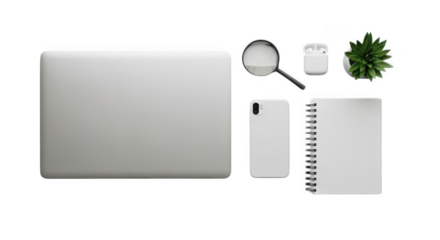 Modern workspace flat lay featuring laptop smartphone notebook magnifying glass and plant transparent background
