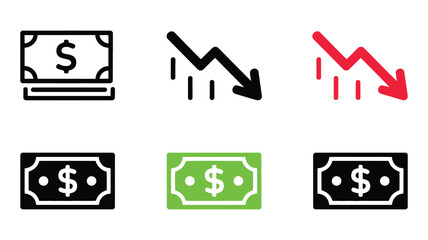 Financial Crisis Icons:  Dollar Bills and Decreasing Value Graph,  Black, Red, and Green Variations,  Modern Minimalist Style,  Urgent Economic Downturn Concept.