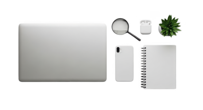 Modern workspace flat lay featuring laptop smartphone notebook magnifying glass and plant transparent background