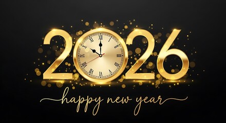 A festive 2026 new years eve celebration design featuring a golden clock and sparkling confetti, isolated on white background