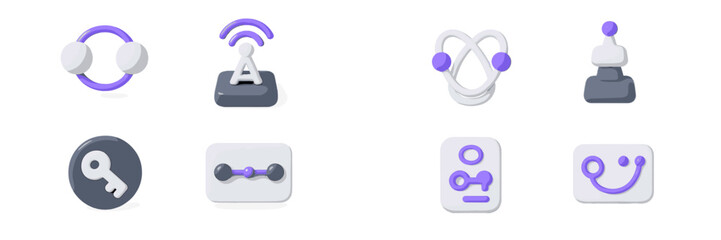 Set of modern minimalist icons for user interface design featuring abstract symbols for connection, security, and communication