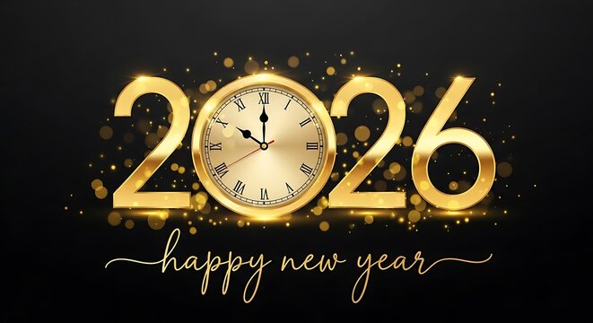 A festive 2026 new years eve celebration design featuring a golden clock and sparkling confetti, isolated on white background