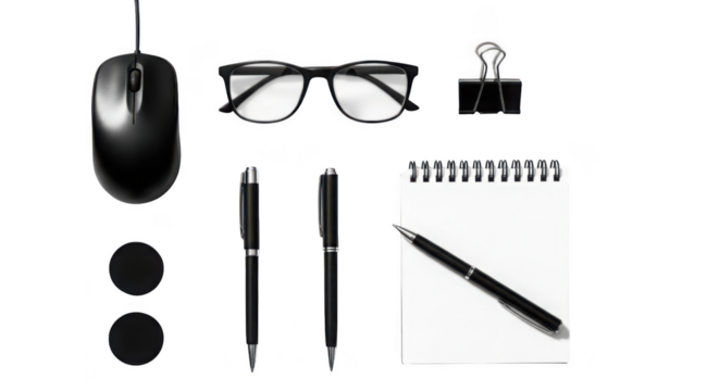 Modern workspace essentials flat lay featuring computer mouse pens notebook glasses and binder clip transparent background