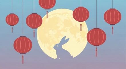 Obraz premium Illustration of a full moon with a rabbit silhouette, surrounded by hanging red lanterns.
