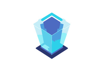 Fototapeta premium Stylized Isometric Illustration of a Glowing Blue Digital Server Stack or Data Center Structure Symbolizing Cloud Computing and Advanced Technology Concepts